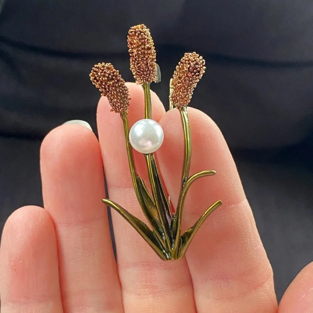 Cattail Enamel Brooch with Faux Pearl